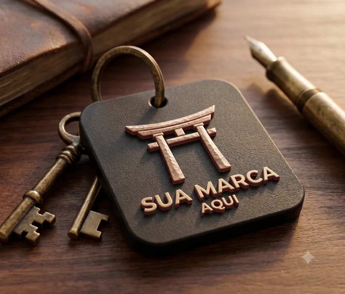Chaveiro corporativo escuro com torii em relevo e o texto Sua Marca Aqui