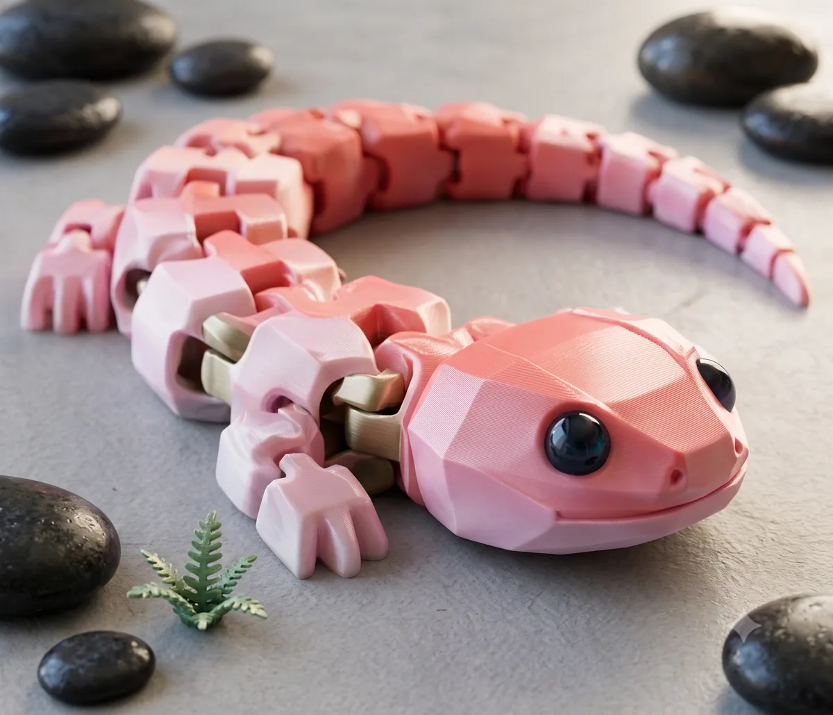 Axolote articulado rosa impresso em 3D, com corpo flexível