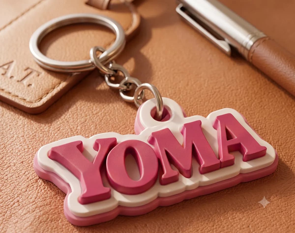 Chaveiro rosa impresso em 3D com o nome YOMA em letras arredondadas