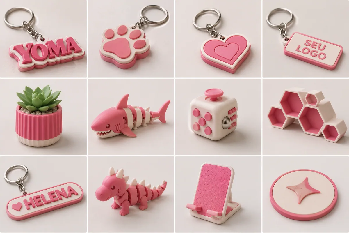 Coleção de peças rosas da YOMA: chaveiros, suporte de celular e miniaturas