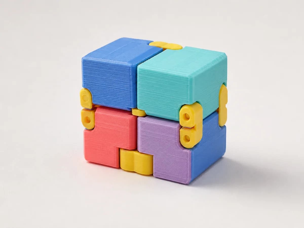 Cubo infinito fidget impresso em 3D em azul, verde, rosa e lilás