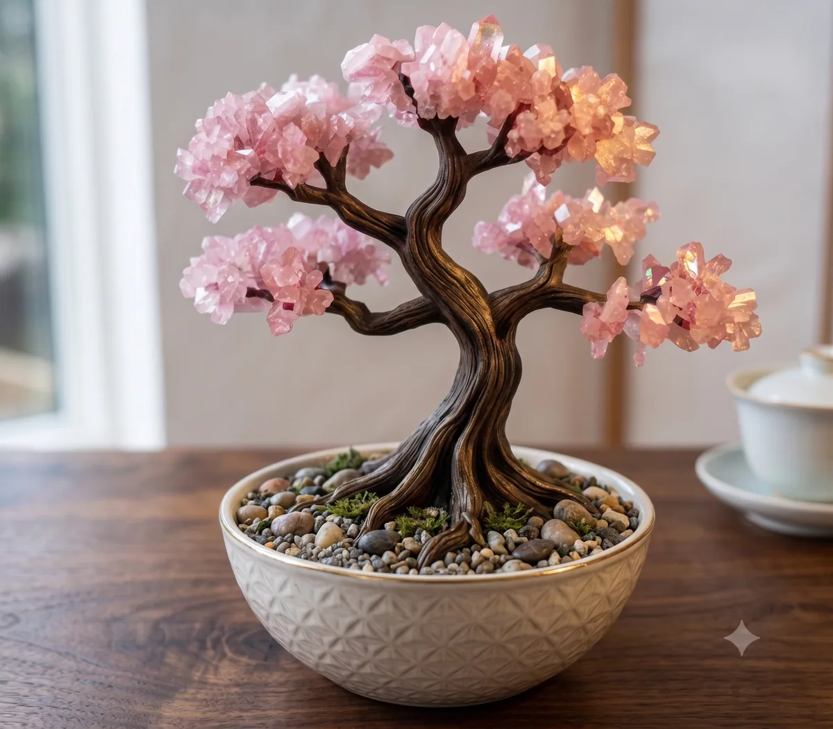 Cerejeira em miniatura impressa em 3D, com copa rosa, em um vaso branco