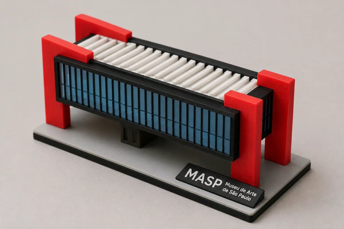Maquete do MASP impressa em 3D, com os vãos vermelhos e a fachada listrada