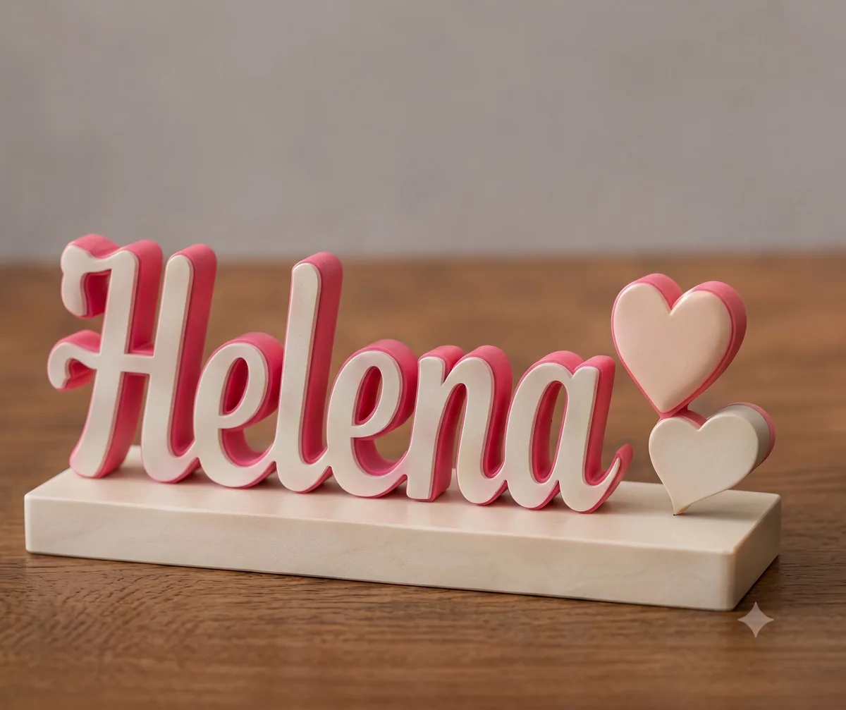 Letreiro de mesa impresso em 3D com o nome Helena e dois corações rosas