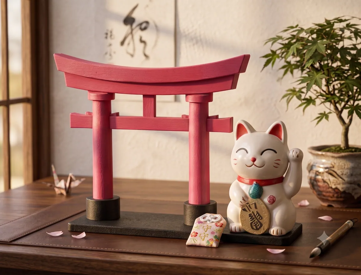 Portal torii rosa impresso em 3D ao lado de um maneki-neko, o gato da sorte